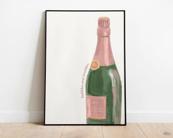 Champagne Art Print, Bubbles Over Troubles, Kitchen Wall Decor (Digital Download)