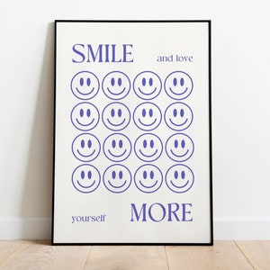 Blue Smile More Trendy Wall Art Print, Smiley Face, Digital Download, Aesthetic Art Print for Home or Office Space