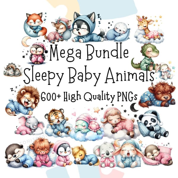 600+ Watercolor Sleeping Animals Clipart, Mega Bundle, Sleep Animal Nursery Decor, Baby Shower, Sleep Animal, Stuffed Animal Sewing Pattern