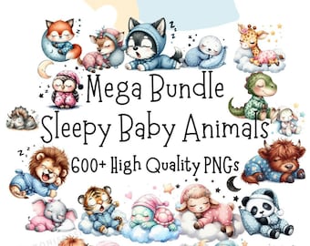 600+ Watercolor Sleeping Animals Clipart, Mega Bundle, Sleep Animal Nursery Decor, Baby Shower, Sleep Animal, Stuffed Animal Sewing Pattern