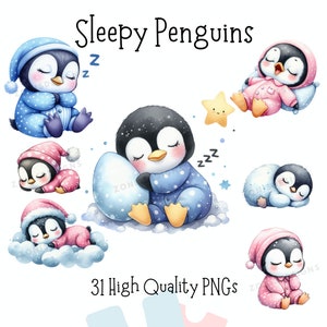 Pinguini addormentati, File PNG di alta qualità, Animali assonnati, Stampe per l'asilo nido, Design per sublimazione pronto, Arredamento Baby Shower, File trasparenti,