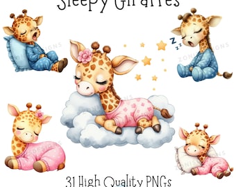 May include: Four digital illustrations of giraffes wearing pajamas and sleeping. The giraffes are in various poses, including one sleeping on a cloud. The text "Sleepy Giraffes" and "31 High Quality PNGs" is included in the image.