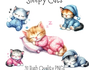 Gatos soñolientos de acuarela, 31 archivos PNG de alta calidad, decoración de guardería, baby shower, animales durmientes, animales lindos, tendencias, gatitos lindos