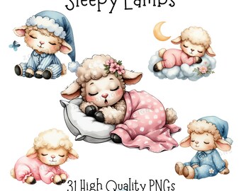 Aquarel slaperige lammeren, 31 hoogwaardige PNG-bestanden, decor van de kinderkamer, babyshower, slapende dieren, schattige dieren, trending, schattige lammeren