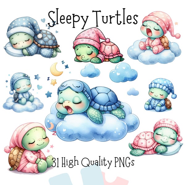 Water Color Sleeping Turtles, High Quality 31pc PNG files, Sleeping Animals, Cute Animals, Top Trending, Nursery Project, Baby Shower Decor