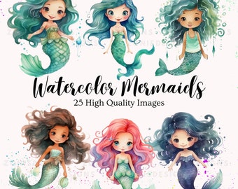 Aquarell Meerjungfrau Clipart Bundle, Aquarell süße Meerjungfrau Clipart PNG, niedliche Meeresfiguren, Unterwassergrafiken für Kinderzimmerdekor