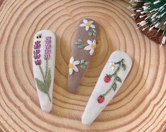 Floral hand-embroidered hair clip for kids and adults - lavender, strawberries, daisies