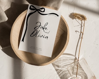 Save The Date Black & White Bow Einladen mit handgezeichneter Schleife | handgeschriebene inspirierte Schrift | digitale bearbeitbare Vorlageneinladung