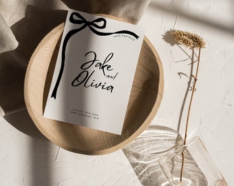 Black Bow Save the Date Invitation: Hand-Drawn Design (Digital Editable Template)