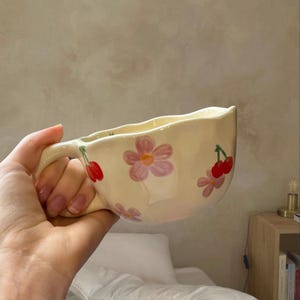 Flower Ceramic Mug Hand Pinched Irregular Floral Unique Gift for Him and Her, Birthday Gift Idea Coffee Lover Cups Milk Tea Cup