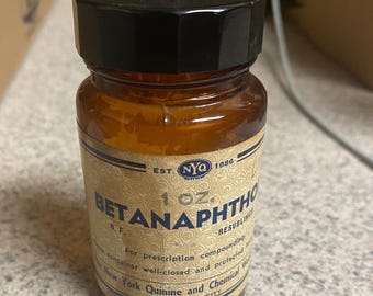 Vintage NYQ Betanaphthol Amber Glass Apothecary Bottle Merck Lid 1 Medicine Jar