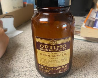 Vintage Quinine Sulphide Bottle Optimo SB Penick Label Dark Academia Decor