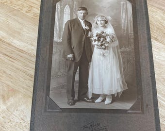 Fotografia d'epoca vittoriana degli anni '20, ritratto di matrimonio, Escanaba, MI, studio Robbs, 5,5x8