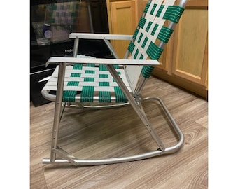 Vintage Aluminum Folding Rocking Chair Green White Webbed Lawn Patio Furniture