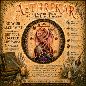 Puede incluir: Un póster decorativo titulado Aethrekar The Copper Dragon of the Living Bridge con una ilustración central de un dragón de cobre sobre un mandala, rodeado de texto, símbolos alquímicos, libros, cristales y un péndulo.