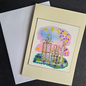 Cartão de caixa de presente, 5x7, cartão em branco feito à mão, arte em aquarela, cartão original, inclui envelope, cartão de presente, cumprimentos de aniversário
