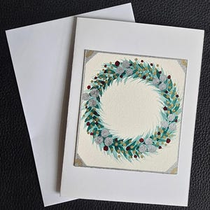 Biglietto di auguri con ghirlanda natalizia, 5x7, interno vuoto, originale biglietto di auguri metallico con ghirlanda natalizia acquerellata, realizzato a mano, include busta