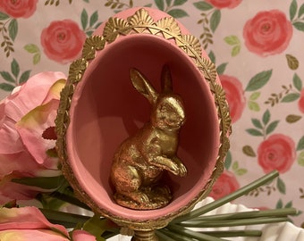 Pink Faberge Style Egg with Gold Rabbit Pedestal & Trim