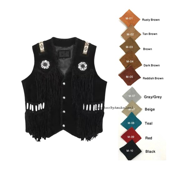 Gilet Uomo Cowboy Western Pelle Scamosciata Marrone Con Frange E Perline - Smart Range Leather - Foto 5