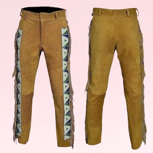 Men 100 % Real Leather Western Cowboy Style Handmade Suede Leather Pant Beads & Fringes, Rodeo Suede Leather Pant, Riding Suede Leather Pant