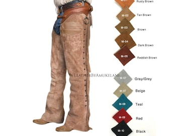 Mens 100% Real Suede Leather Western Wear Cowboy Style Handmade Leather Chap Fringes, Suede Leather Pant, Suede Leather Chap Riding Chaps