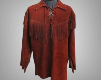 Herren Western Cowboy Hemd Aus Wildleder, Indianerhemd Mit Fransen