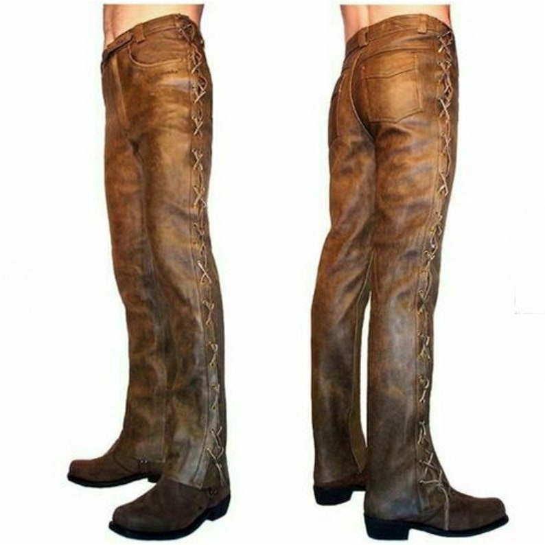 Sigma Traders Men's Native American Western Buckskin Ragged Leather Hippie Pants - Fringe & Suspender Buttons, Flared