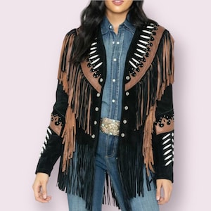 Chaqueta de gamuza con flecos de estilo vintage para mujer, chaqueta de cuero de estilo vintage tradicional para mujer, chaqueta occidental: regalos para ella