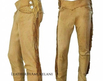 Pantalón de cuero de uso occidental, pantalón de cuero con flecos, pantalón indio nativo, pantalón de cuero estilo vaquero, pantalón de cuero de montar estilo nativo