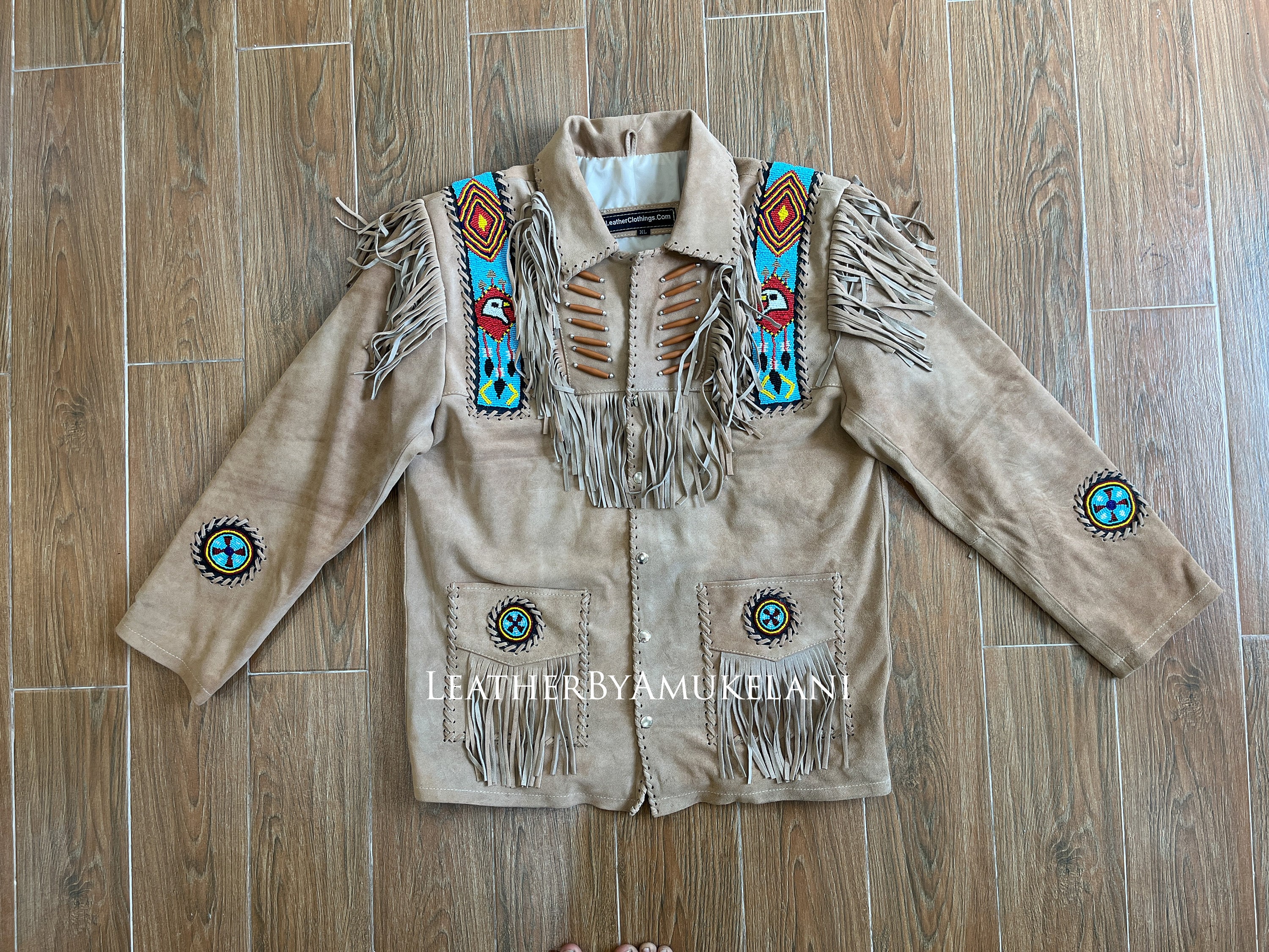 Men 1980's Rockabilly Buckskin Beige Suede Fringes Jacket