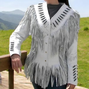 Veste en cuir perlée 100 % cuir véritable western pour femme avec franges, veste en cuir daim pour femme, veste western traditionnelle - Cadeaux pour elle