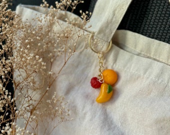 Mango bag charm, keychain, tangerine, raspberry