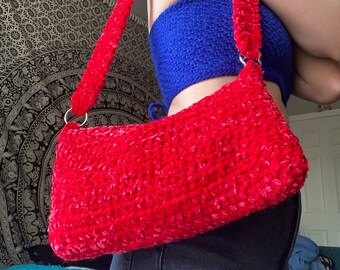 handmade crochet velvet shoulder bag with lining and zipper