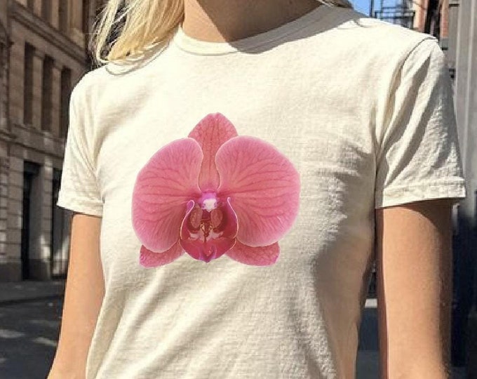 pink orchid baby tee, y2k top, graphic print t-shirt, summer tee, tropical flower 90s baby tee, gift for her, boho blokette tee, relaxed fit