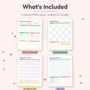 May include: Four printable pages for financial tracking including a 30 Day No-Spend Challenge, a No-Spend Month calendar, a No-Spend Year Tracker, and a Wait List & Wish List. Each page features pastel color accents and organized sections.