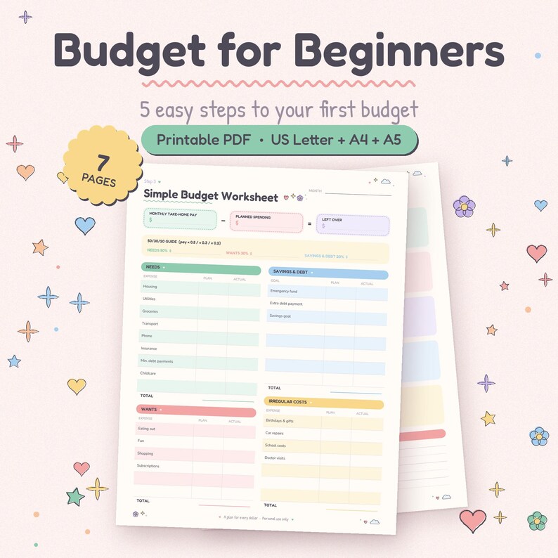 May include: A printable 7-page budget worksheet set titled Budget for Beginners with 5 easy steps. The document includes sections for monthly take-home pay, planned spending, needs, wants, savings, debt, and irregular costs in US Letter, A4, and A5 sizes.