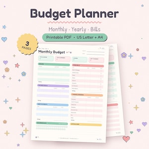 Pode incluir: Um planejador de or&ccedil;amento em PDF imprim&iacute;vel de tr&ecirc;s p&aacute;ginas, com um modelo de or&ccedil;amento mensal que inclui se&ccedil;&otilde;es para receitas, despesas, poupan&ccedil;a e d&iacute;vidas. O design utiliza cores pastel, incluindo rosa, verde, azul e amarelo.