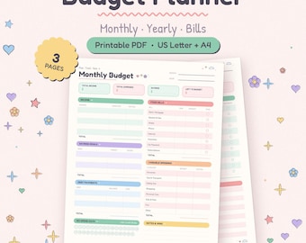 Miesięczny planer budżetu w formacie PDF, roczny przegląd, śledzenie rachunków (wersja cyfrowa do pobrania)