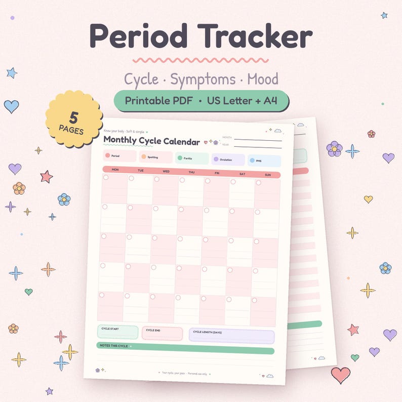 May include: A printable Period Tracker PDF with a Monthly Cycle Calendar. The document features sections for cycle, symptoms, and mood, with labels for Period, Spotting, Fertile, Ovulation, and Med. It includes 5 pages in US Letter and A4 sizes.