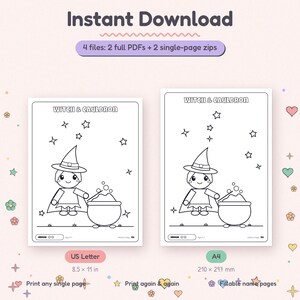 Pu&ograve; includere: Un set di pagine da colorare digitali intitolato Witch & Cauldron con un personaggio con cappello da strega e mantello accanto a un calderone ribollente con stelle. Include 4 file: 2 PDF completi e 2 zip in formato A4 210 x 297 mm.