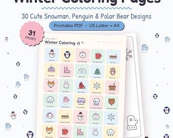 以下が含まれることがあります： PDF形式の冬の塗り絵31ページセット。USレターおよびA4サイズに対応。雪だるま、ペンギン、シロクマの可愛いデザイン30種類が、カラフルな正方形のグリッドに配置されており、冬をテーマにしたアイコンが描かれています。