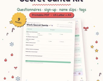 May include: A Secret Santa Kit featuring nine pages of printable PDF questionnaires, sign-up sheets, name slips, and tags in US Letter and A4 sizes. The document includes fields for gift budgets, favorite colors, hobbies, and interests for office parties.