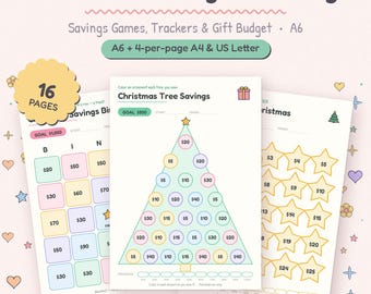 May include: A set of printable Christmas savings challenge sheets featuring a bingo grid, a tree-shaped tracker with circular ornaments, and a star-patterned tracker. The pages include text such as Christmas Savings Challenge, Savings Games, Trackers & Gift Budget, and A6 + 4-per-page A4 & US Letter.