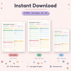 May include: Three digital Simple Budget Worksheet templates in US Letter, A4, and A5 sizes. The documents feature pastel-colored sections for monthly income, planned spending, and left over amounts, with labeled categories for needs, wants, and costs.