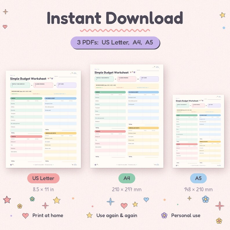 May include: Three digital Simple Budget Worksheet templates in US Letter, A4, and A5 sizes. The documents feature pastel-colored sections for monthly income, planned spending, and left over amounts, with labeled categories for needs, wants, and costs.