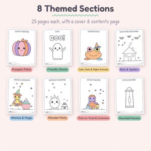 Pu&ograve; includere: Un set di libri da colorare digitale con 8 sezioni tematiche da 25 pagine ciascuna, inclusa una copertina e un indice. L'immagine mostra otto design di pagine individuali con illustrazioni a tema Halloween come zucca, fantasma e casa.