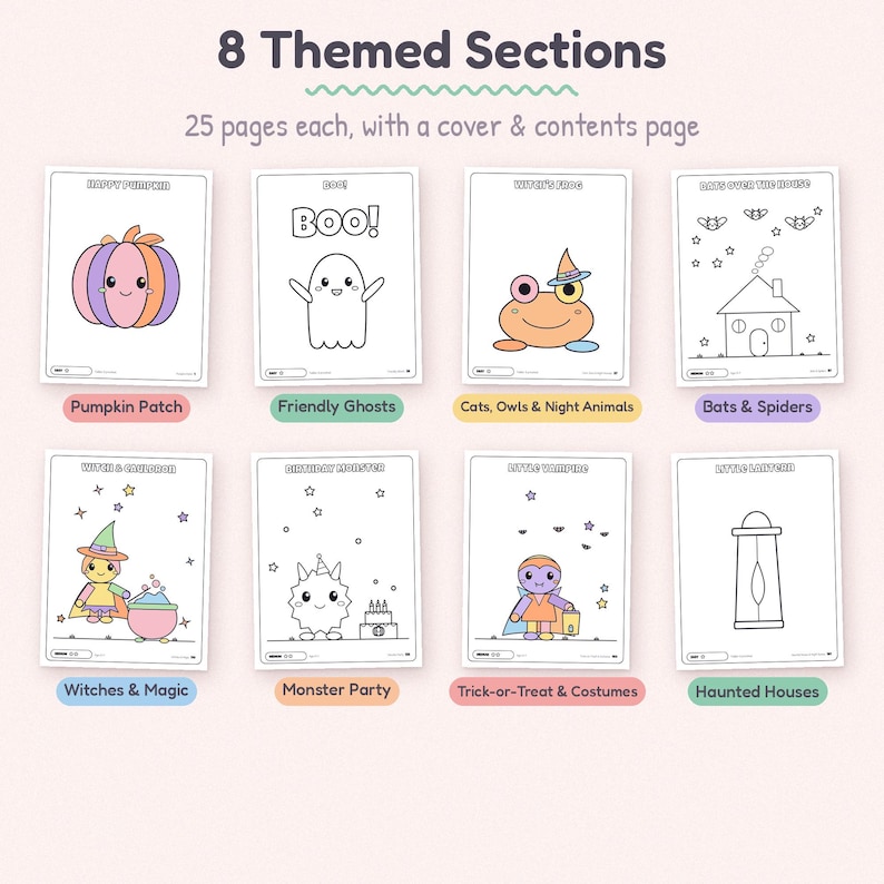 Pu&ograve; includere: Un set di libri da colorare digitale con 8 sezioni tematiche da 25 pagine ciascuna, inclusa una copertina e un indice. L'immagine mostra otto design di pagine individuali con illustrazioni a tema Halloween come zucca, fantasma e casa.