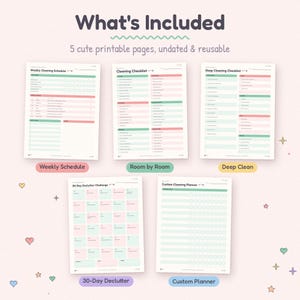 What's included: weekly cleaning schedule, room by room checklist, deep cleaning checklist by season, 30 day declutter challenge and a custom cleaning planner.