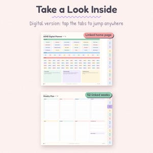 K&ouml;nnte beinhalten: Eine digitale ADHD-Planer-Oberfl&auml;che mit einer Startseite mit pastellfarbenen Navigationstasten und einem Wochenplan-Layout. Der Text lautet Take a Look Inside, Digital version: tap the tabs to jump anywhere, ADHD Digital Planner, Linked home page und 52 linked weeks.