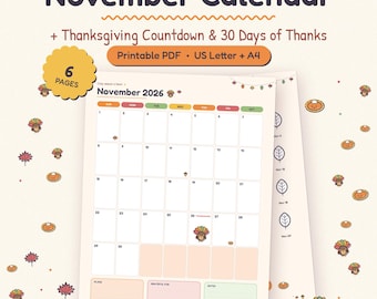 Kalender för november 2026, nedräkning till Thanksgiving, 30 dagar av tacksamhet (PDF)